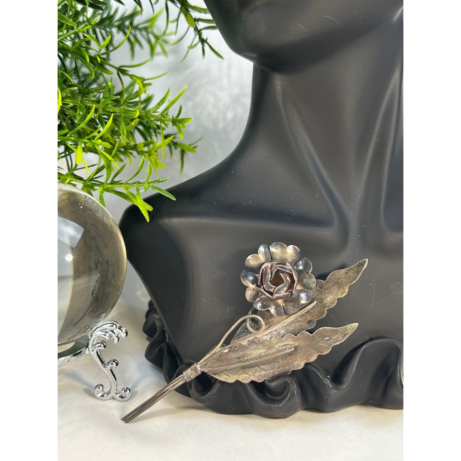 Vintage Jewelry Floral Leaves Flower Sterling Silver Brooch Pin 4" Art Deco